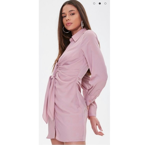 Mauve Pink Tie Front Collar Dress Dusty Rose Small - Picture 3 of 8
